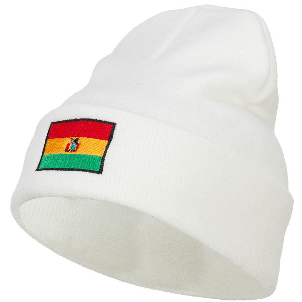 Bolivia Flag Embroidered Long Beanie - White OSFM