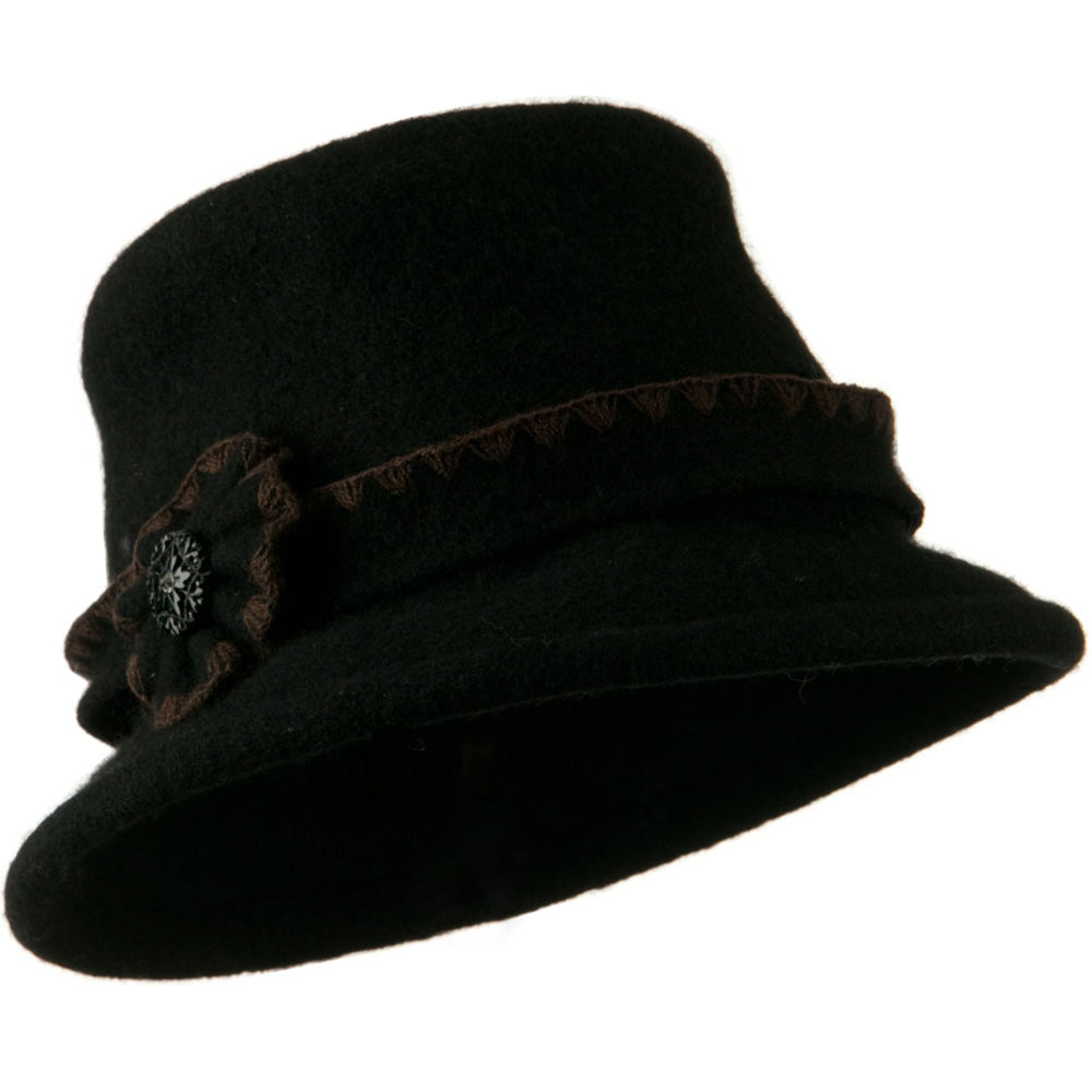 Cloche Wool Felt Floral Button Hat - Black OSFM