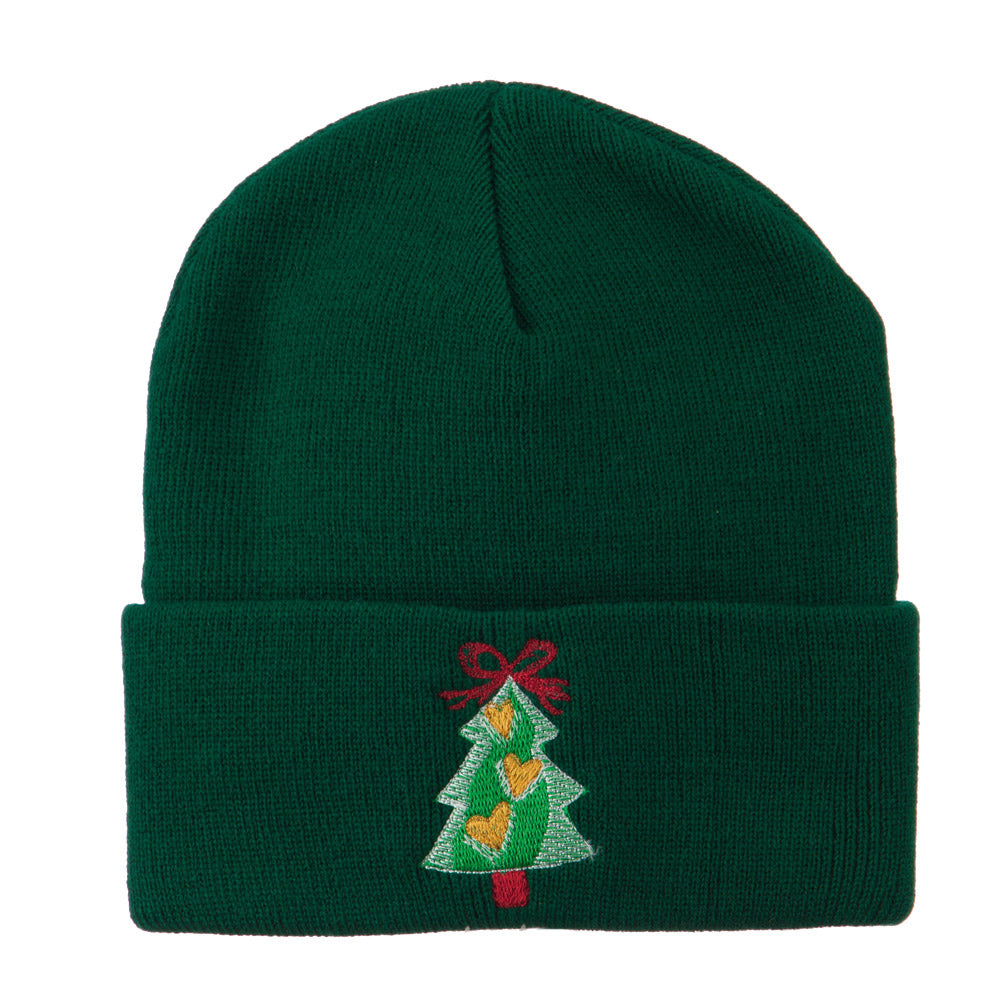 Christmas Tree Hearts Bow Embroidered Beanie - Green OSFM