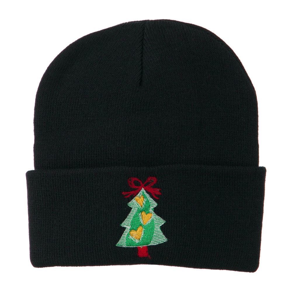 Christmas Tree Hearts Bow Embroidered Beanie - Navy OSFM