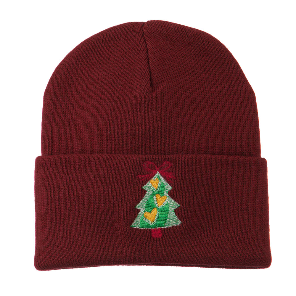 Christmas Tree Hearts Bow Embroidered Beanie - Maroon OSFM