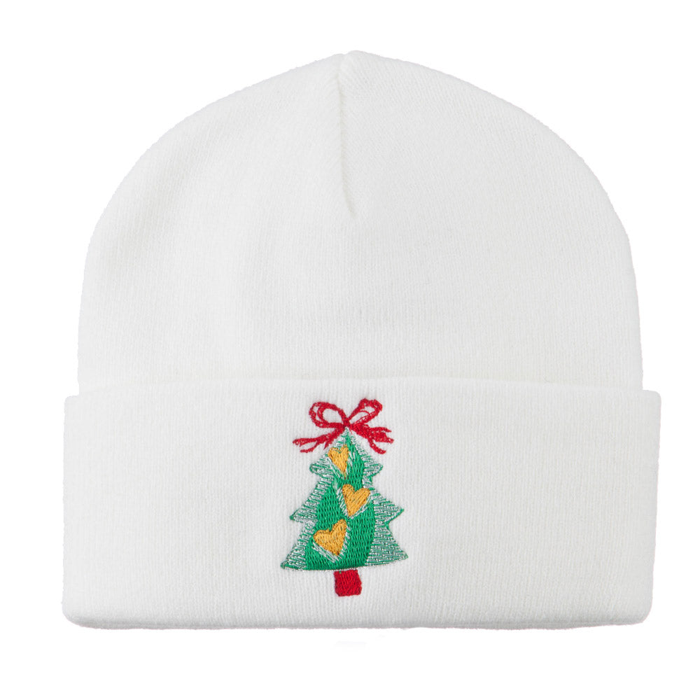 Christmas Tree Hearts Bow Embroidered Beanie - White OSFM