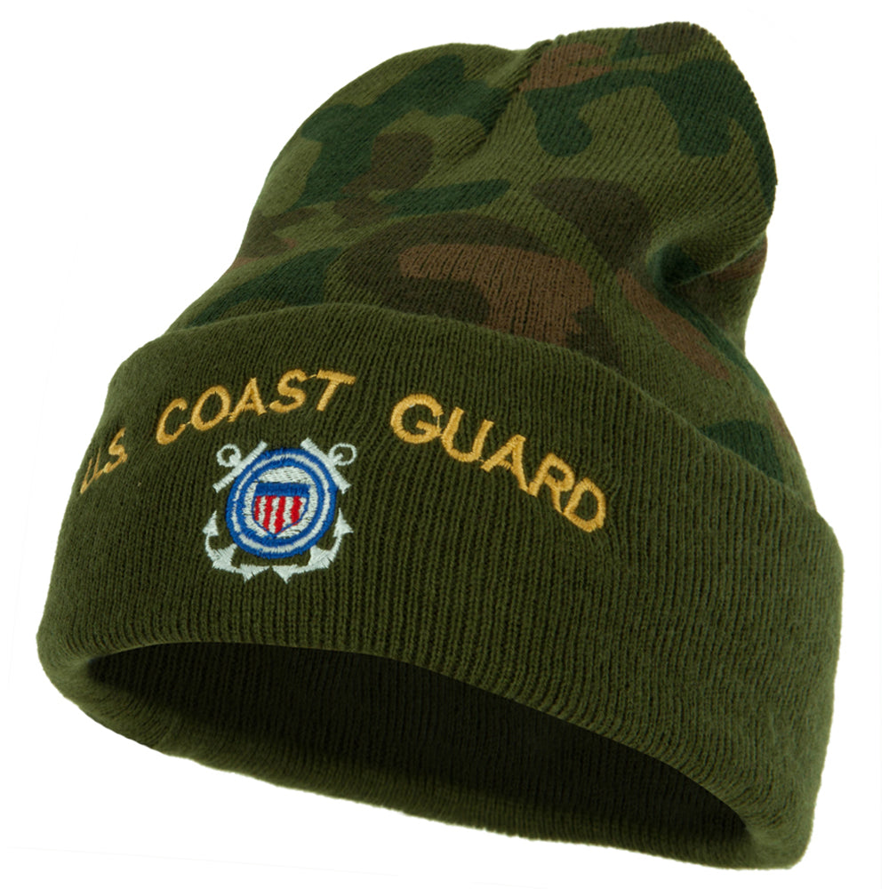 US Coast Guard Logo Embroidered Camo Knit Long Cuff Beanie - Green OSFM