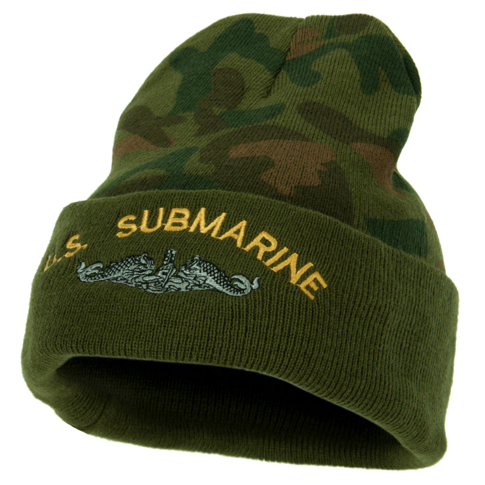 US Submarine Logo Military Embroidered Camo Long Beanie - Green OSFM