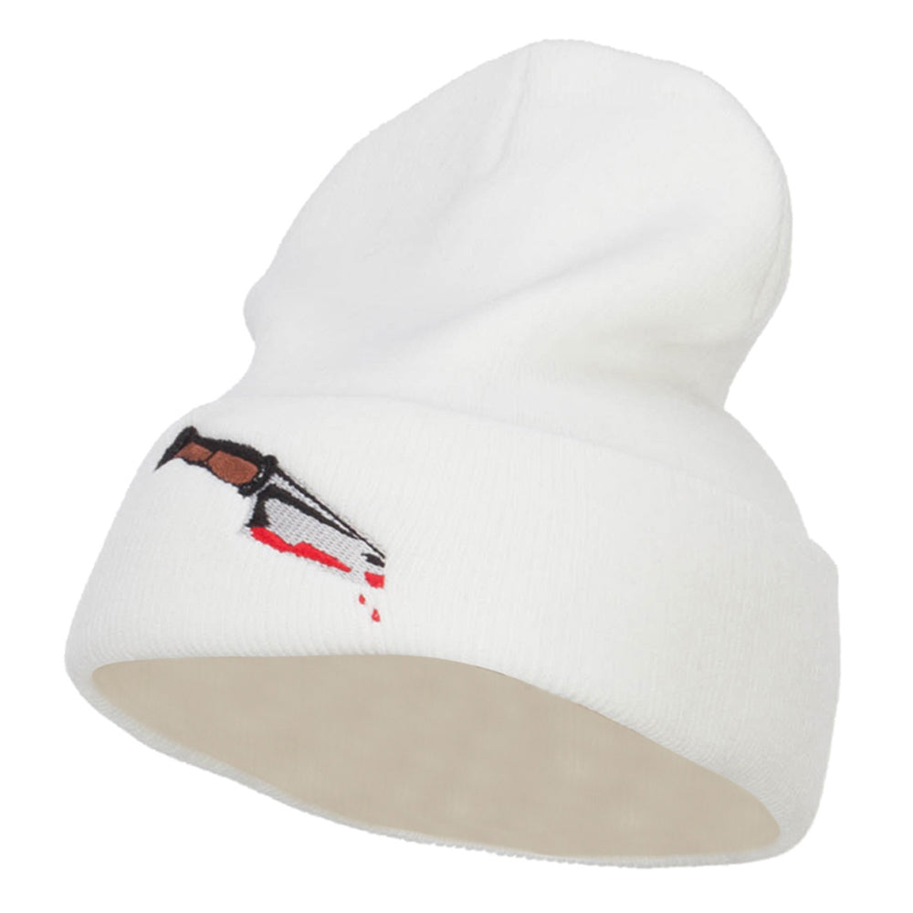 Bloody Knife Embroidered Long Beanie - White OSFM