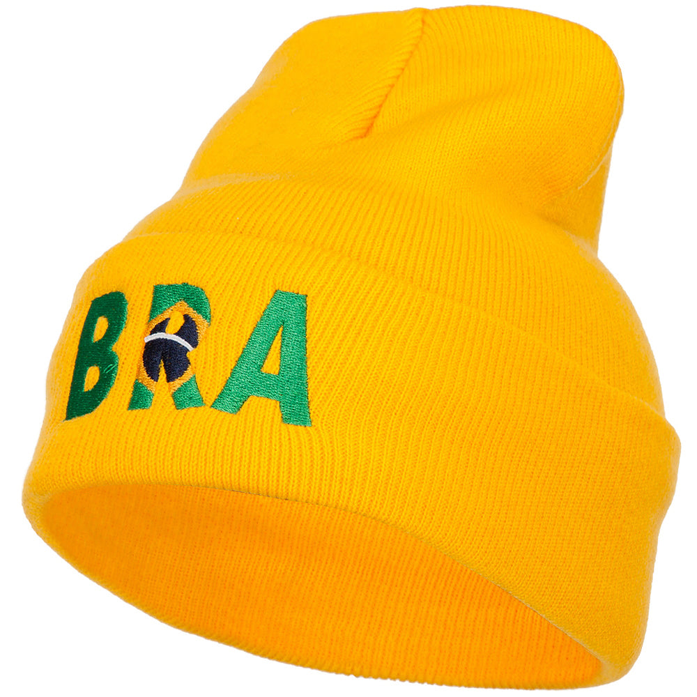 Brazil BRA Flag Embroidered Long Beanie - Yellow OSFM