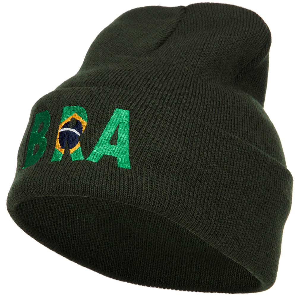 Brazil BRA Flag Embroidered Long Beanie - Olive OSFM