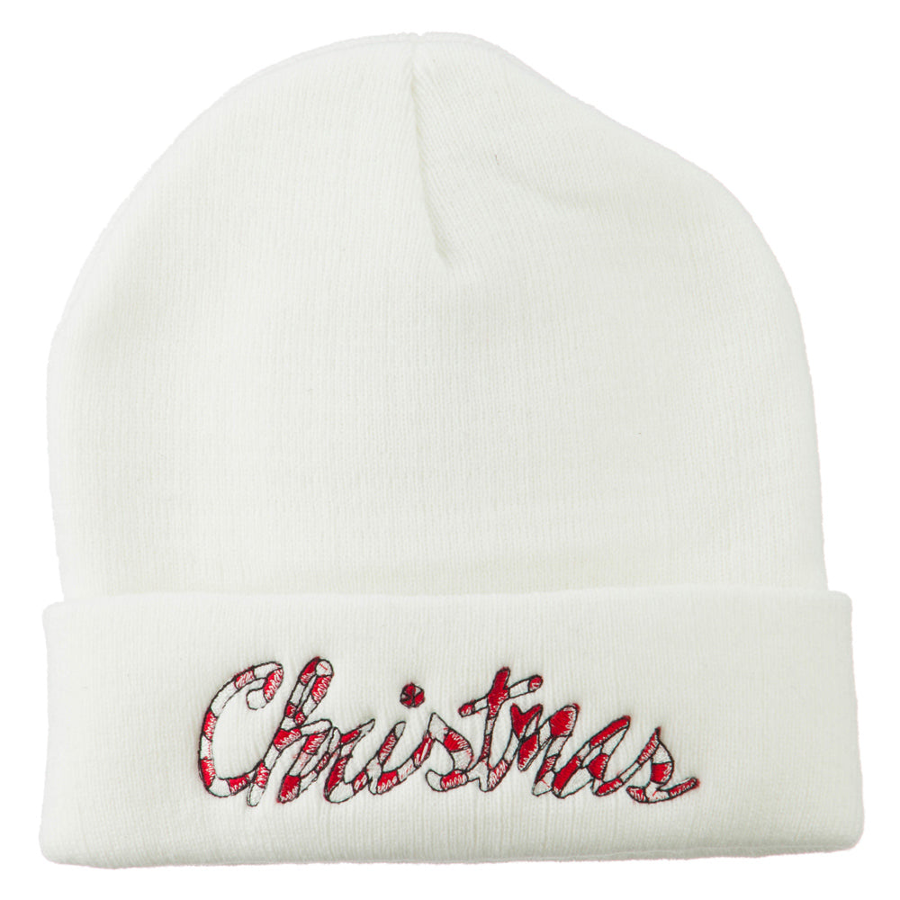 Christmas Embroidered Long Cuff Beanie - White OSFM