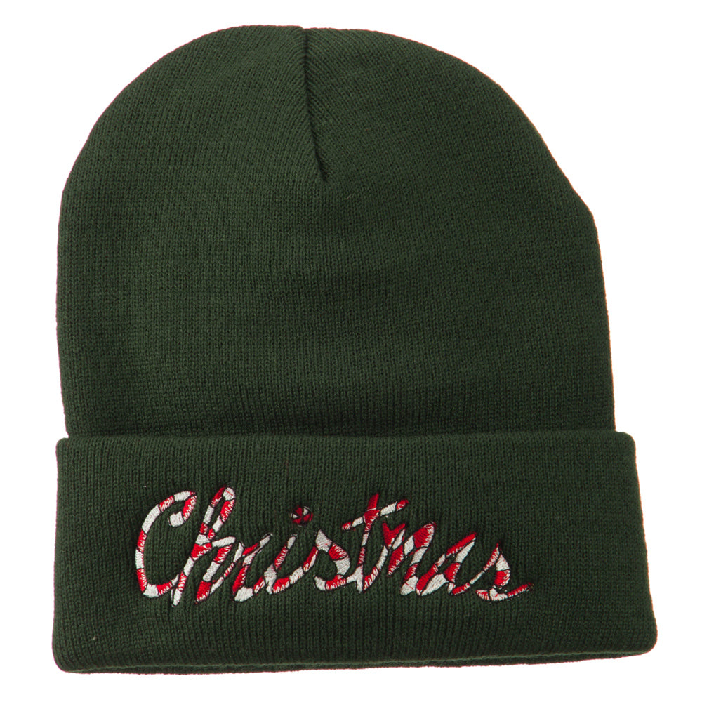 Christmas Embroidered Long Cuff Beanie - Olive OSFM