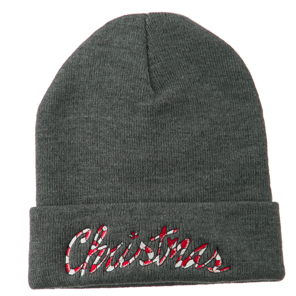 Christmas Embroidered Long Cuff Beanie - Dk Grey OSFM