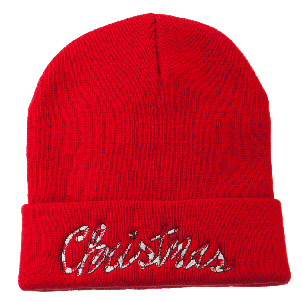 Christmas Embroidered Long Cuff Beanie - Red OSFM
