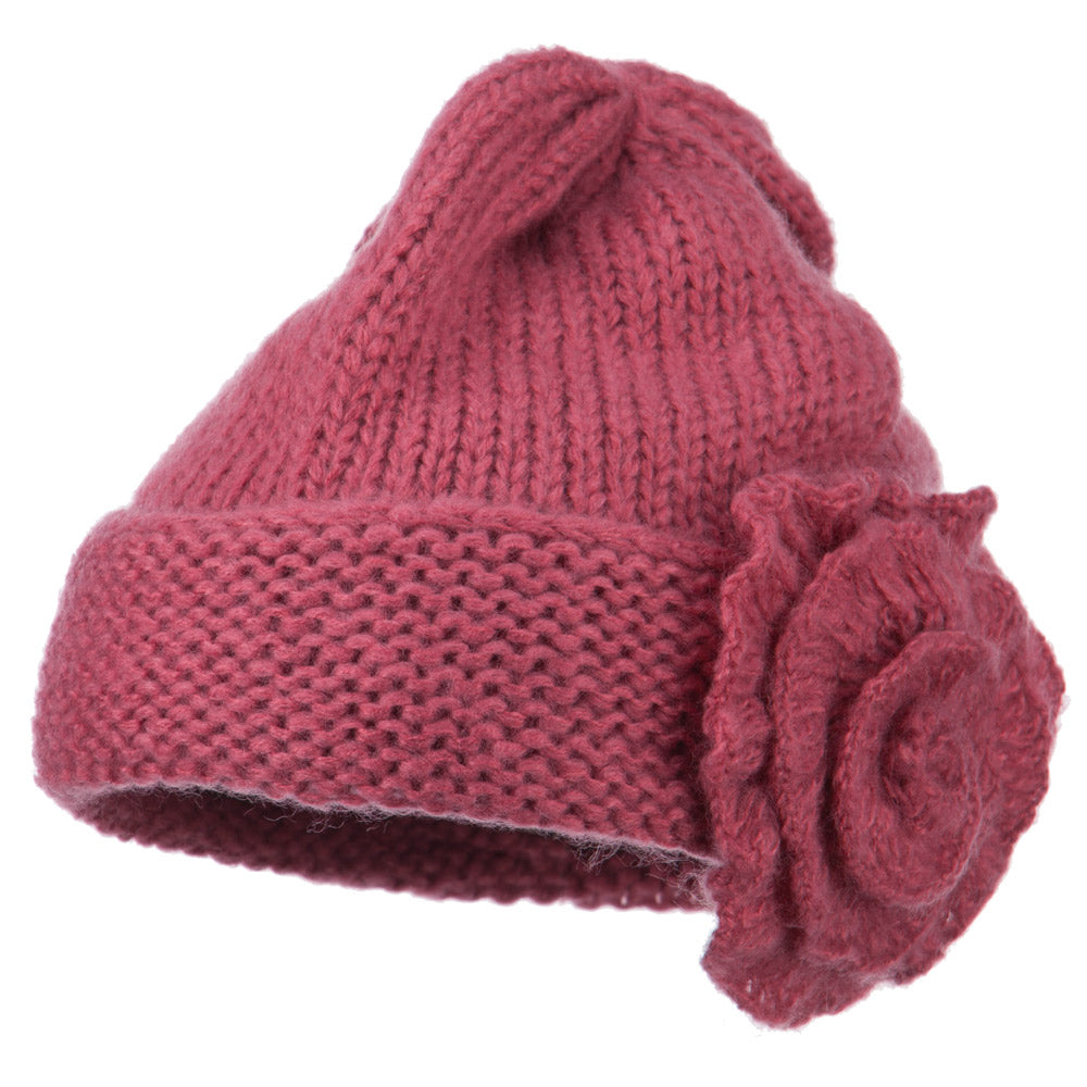 Ladies Flower Accent Cuff Beanie - Pink OSFM