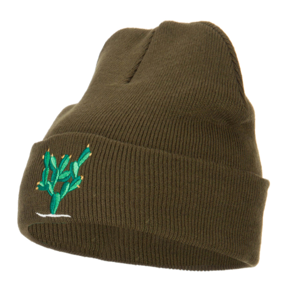 Cactus Embroidered Long Beanie - Olive OSFM