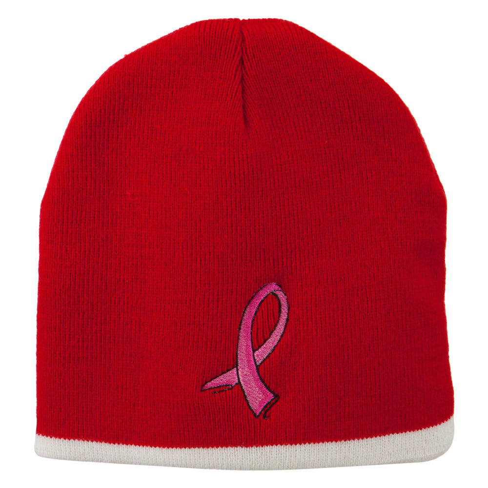 Breast Cancer Embroidered Short Trim Beanie - Red White OSFM