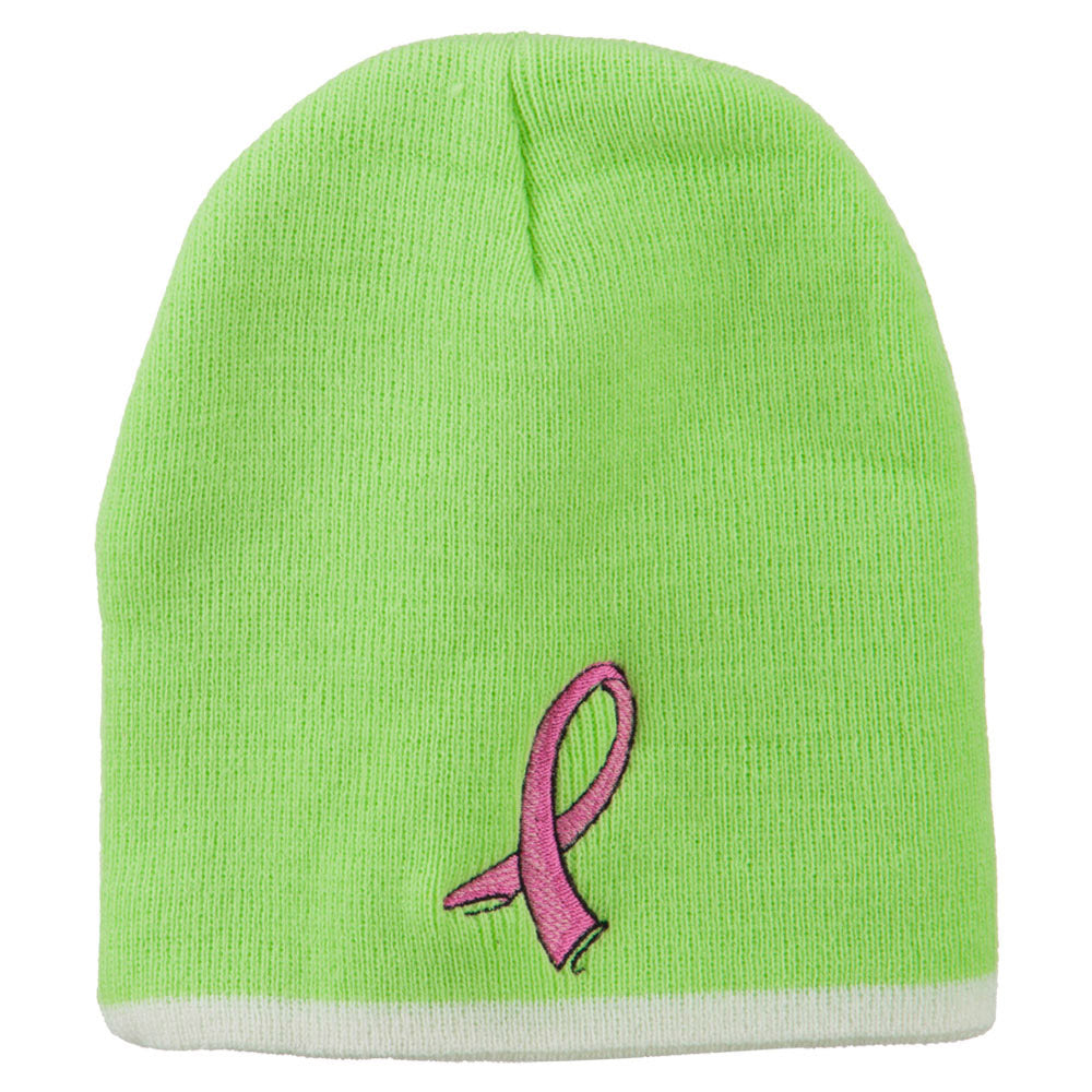 Breast Cancer Embroidered Short Trim Beanie - Lime White OSFM