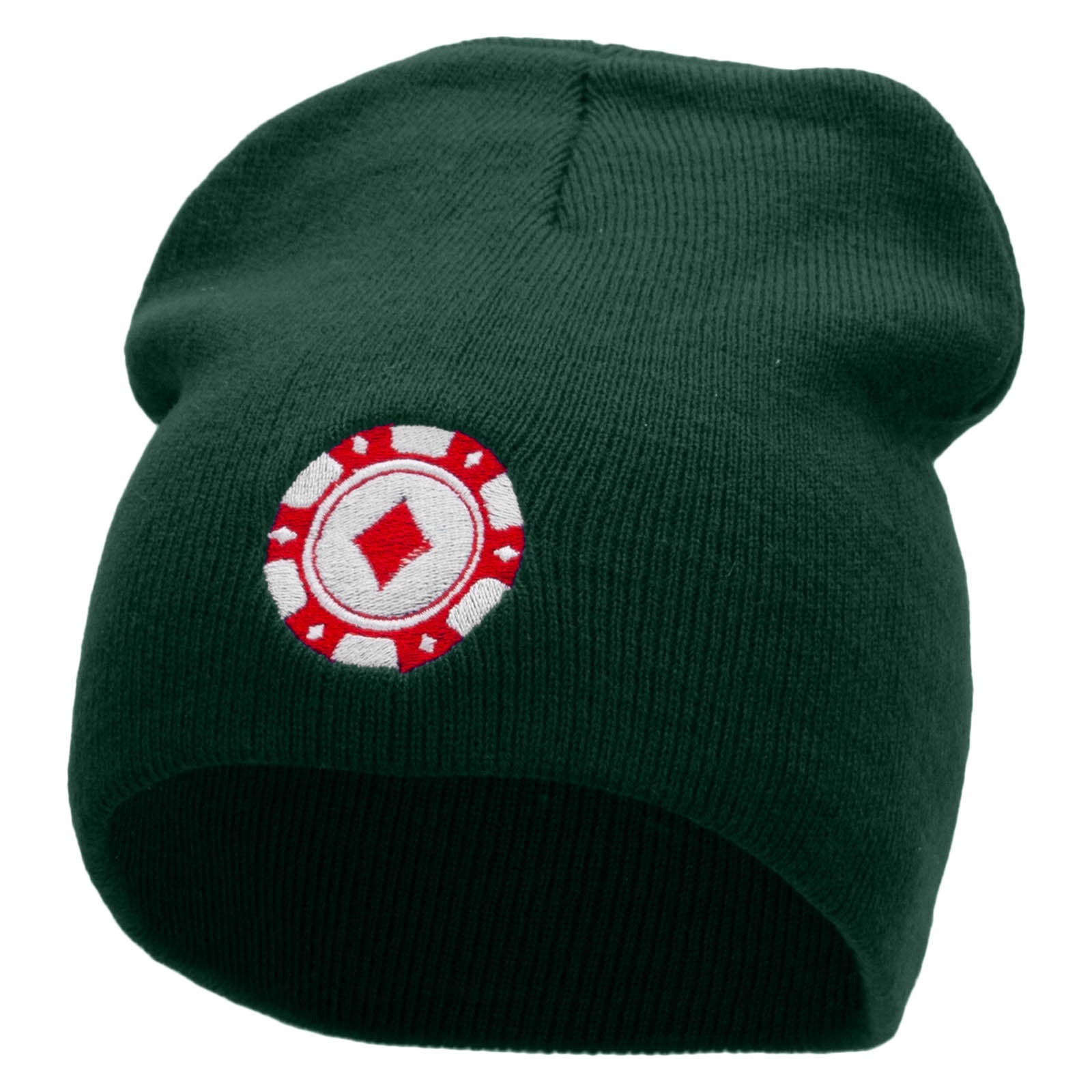 Poker Chip Embroidered 8 Inch Short Beanie - Dk Green OSFM