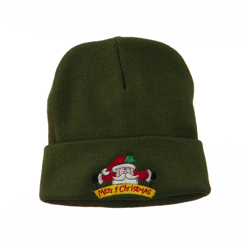 Merry Christmas Santa Claus Embroidered Beanie - Olive OSFM