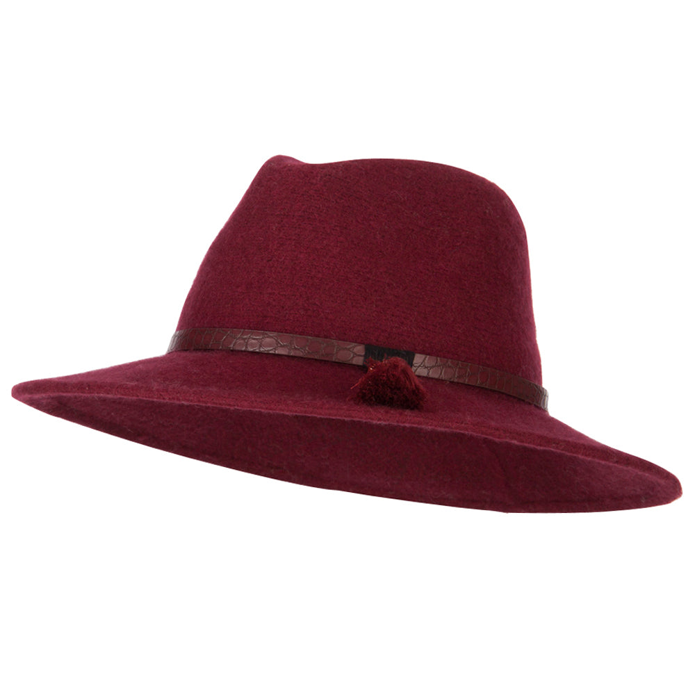 Women&#039;s Crocodile Print Trim Band with Tassel and Bead Accent Wool Fedora Hat - Burgundy OSFM