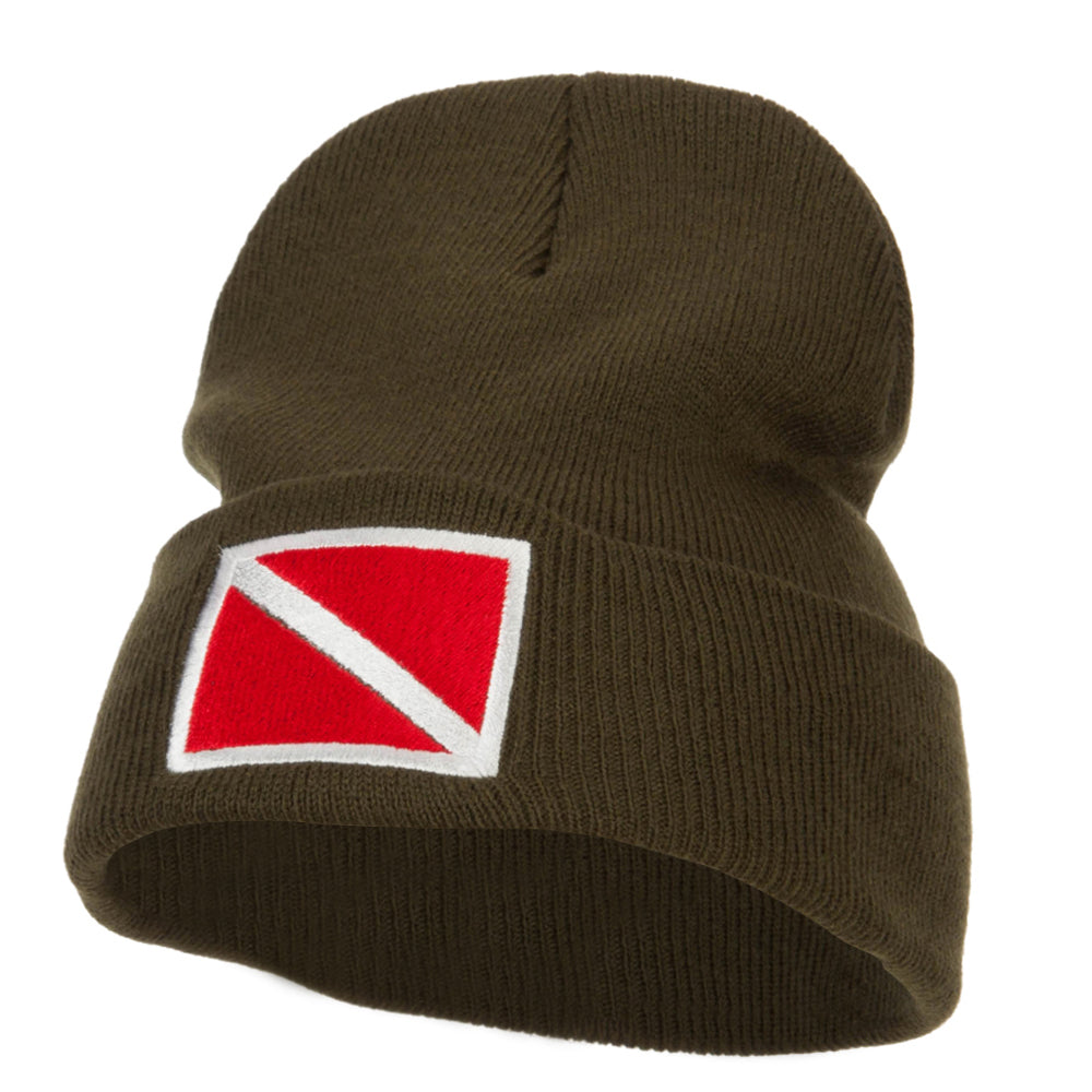 Scuba Diving Flag Embroidered Long Beanie - Olive OSFM