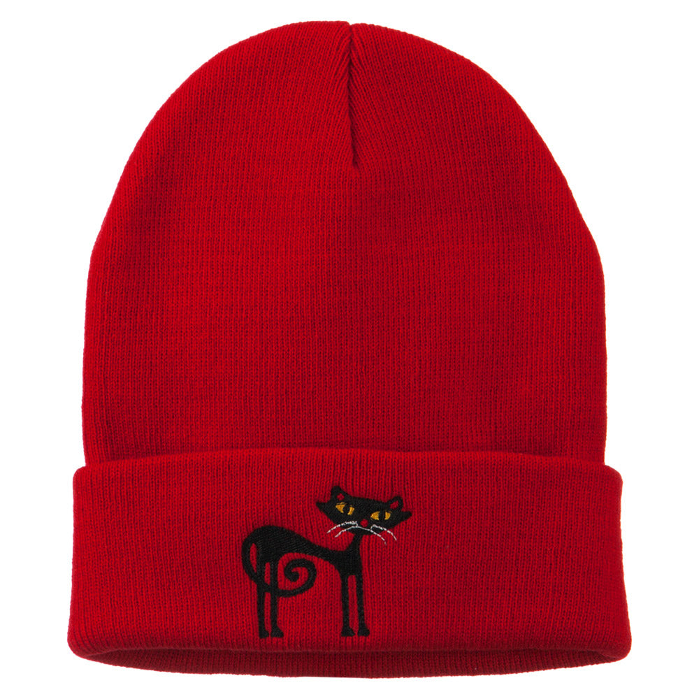 Black Cat Embroidered Long Beanie - Red OSFM