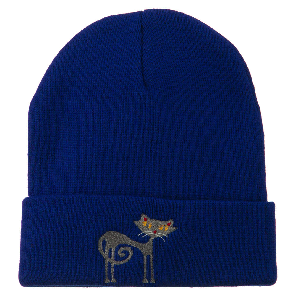 Black Cat Embroidered Long Beanie - Royal OSFM