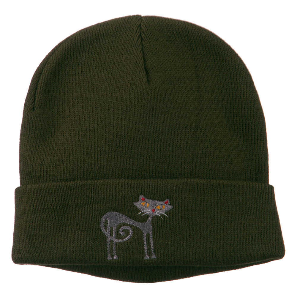 Black Cat Embroidered Long Beanie - Olive OSFM