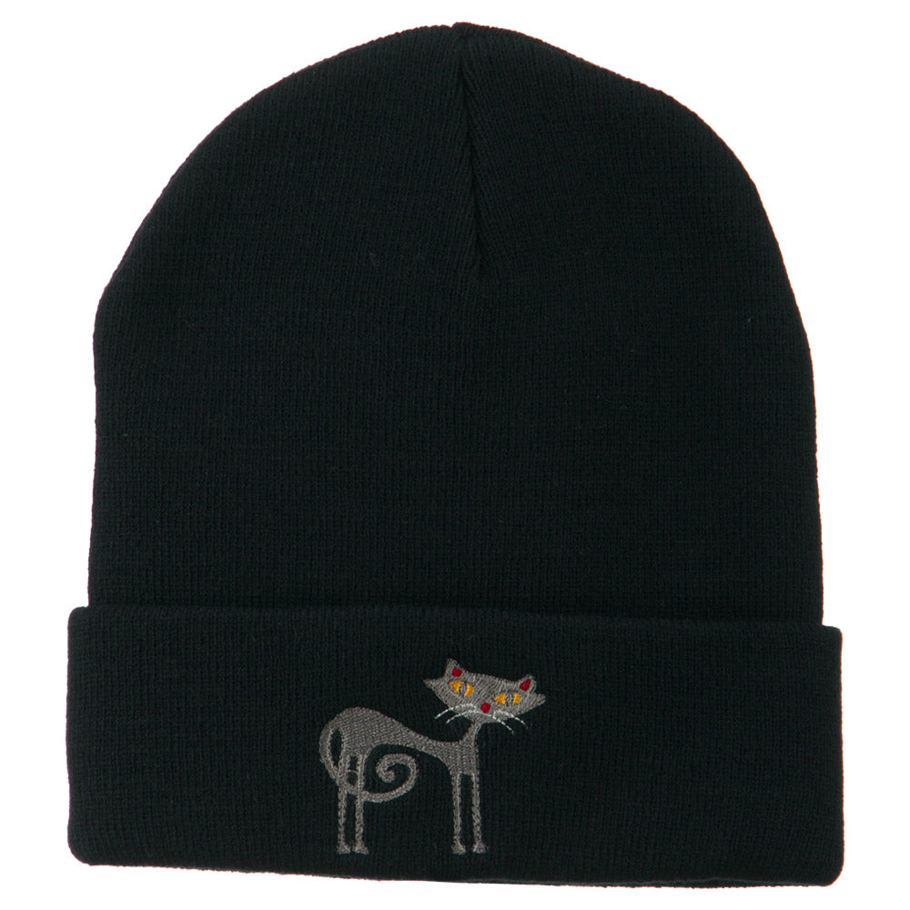 Black Cat Embroidered Long Beanie - Navy OSFM