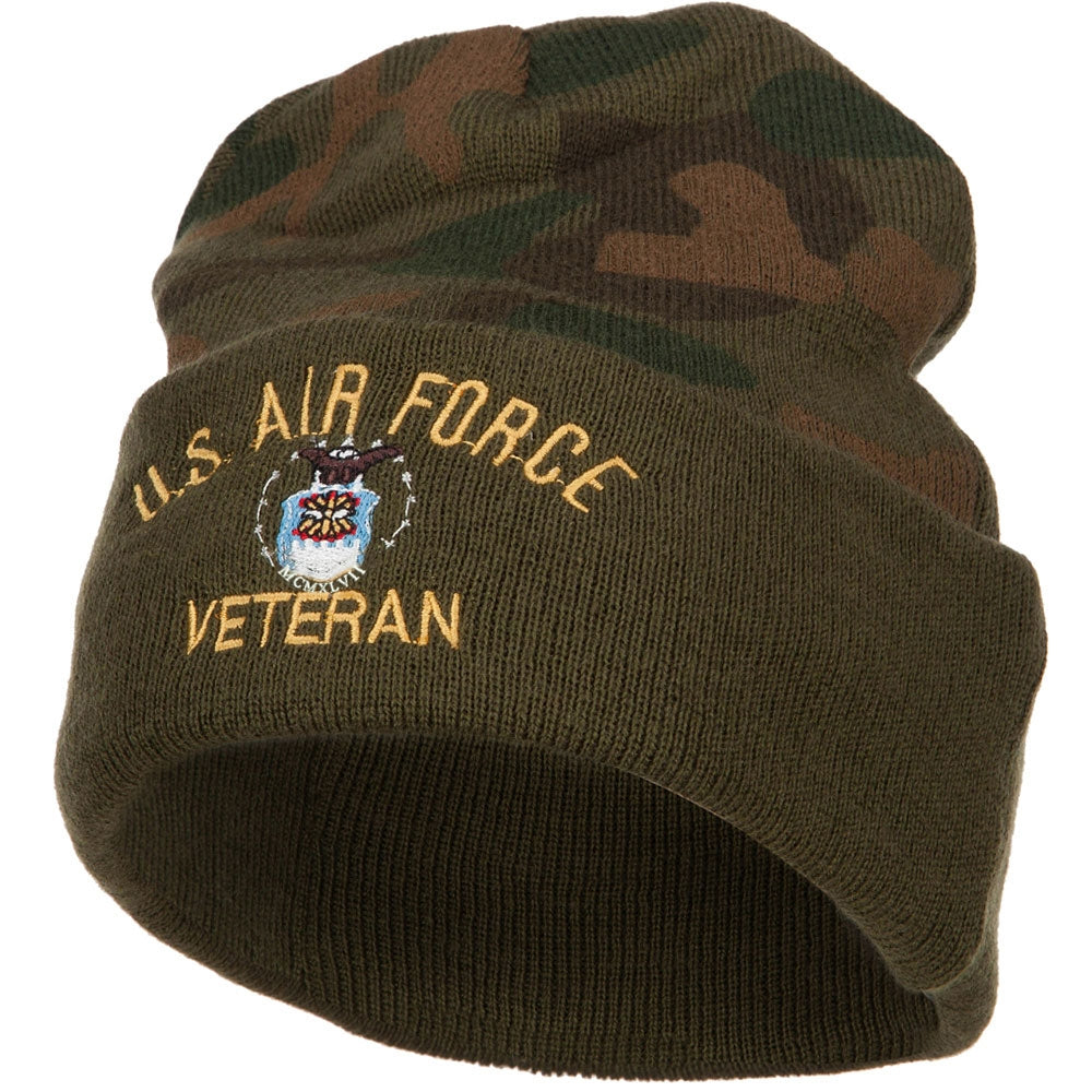 US Air Force Veteran Military Embroidered Camo Knit Long Beanie - Green OSFM