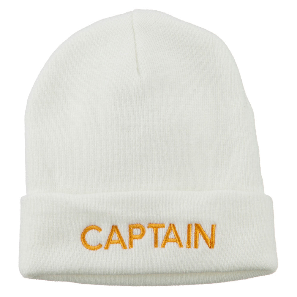 Captain Embroidered Cuff Long Beanie - White OSFM