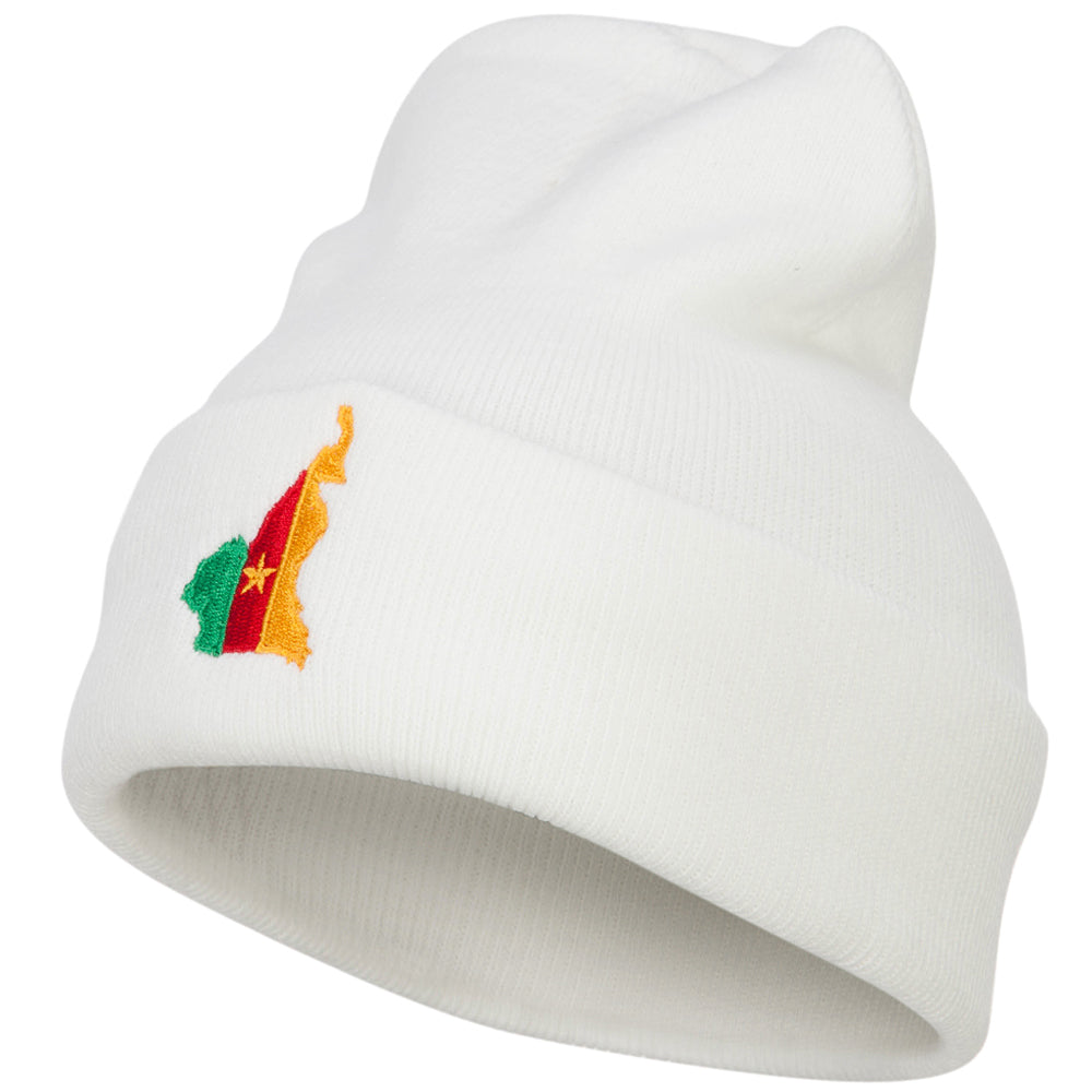 Cameroon Flag Map Embroidered Long Beanie - White OSFM