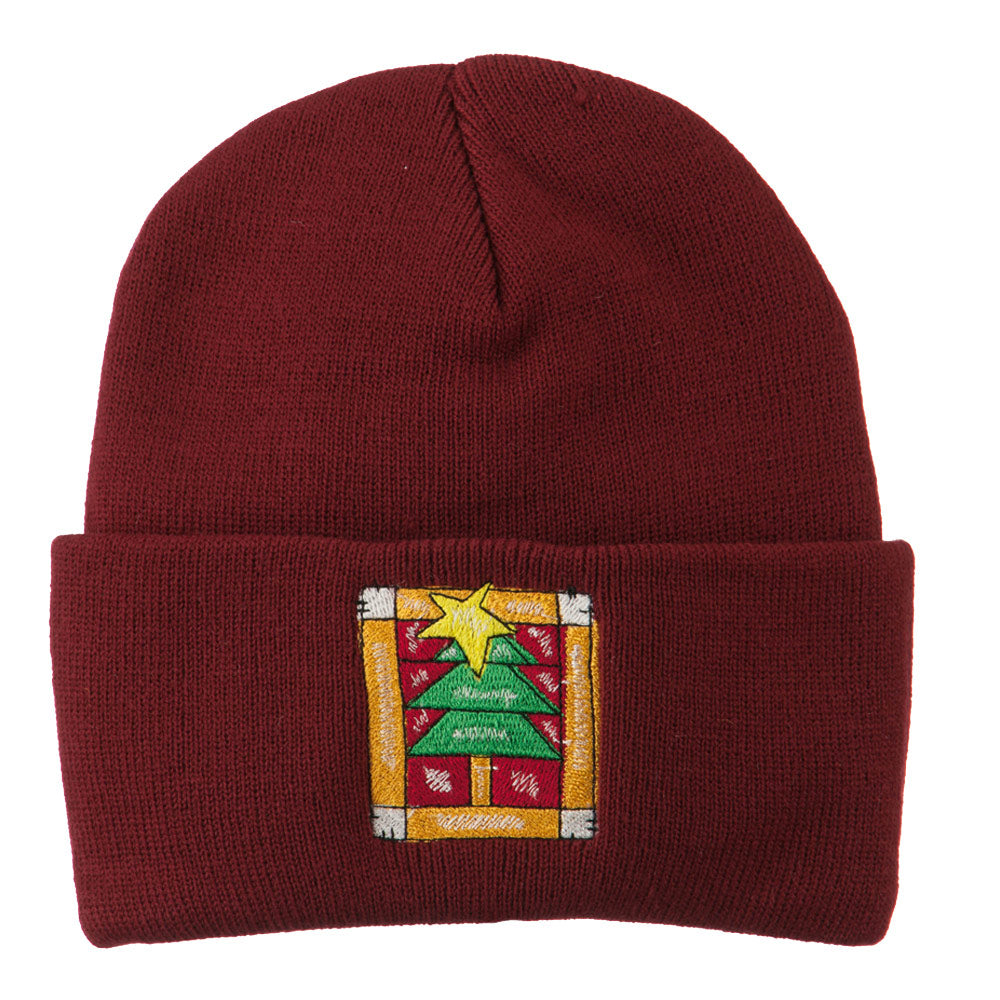 Christmas Tree with Frame Embroidered Beanie - Maroon OSFM