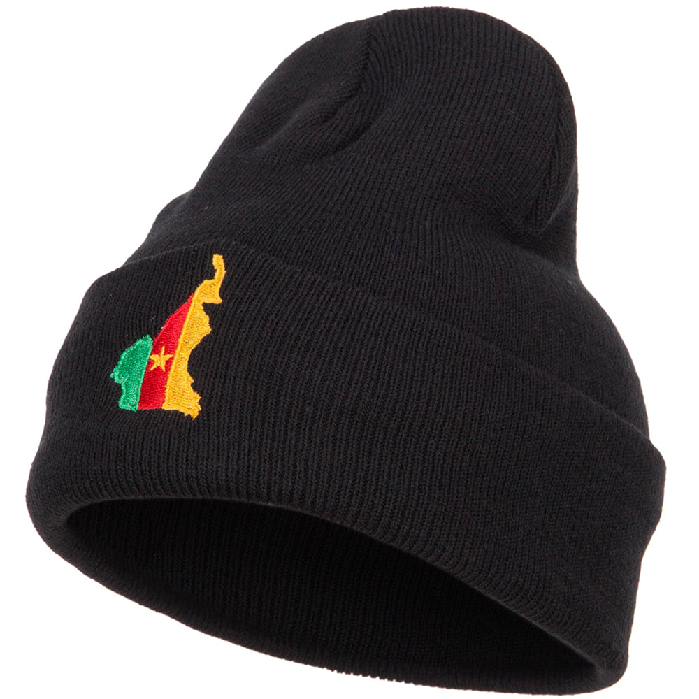 Cameroon Flag Map Embroidered Long Beanie - Black OSFM