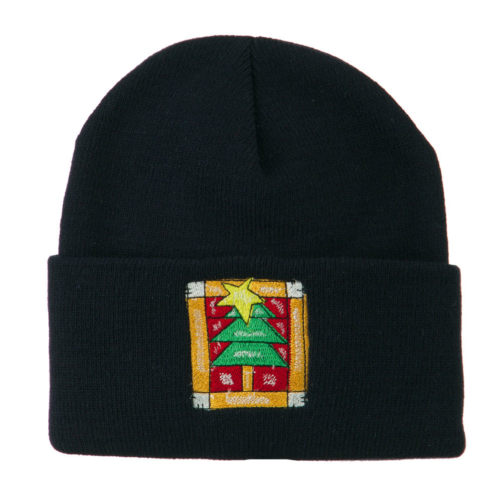 Christmas Tree with Frame Embroidered Beanie - Navy OSFM
