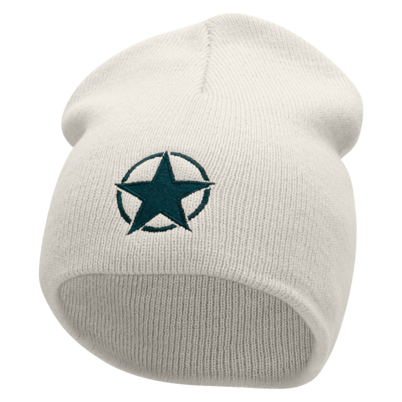 Army Star Badge Embroidered 8 Inch Short Beanie Made in USA - White OSFM