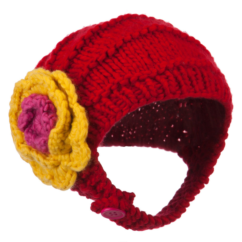 Girl&#039;s Flower Detail Chin Ski Beanie - Red OSFM