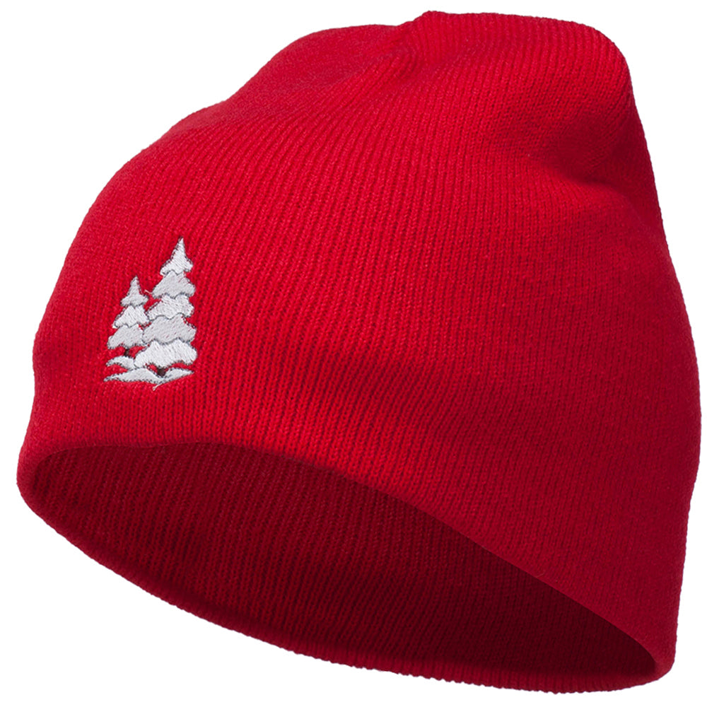 Christmas Snow Trees Embroidered Short Beanie - Red OSFM