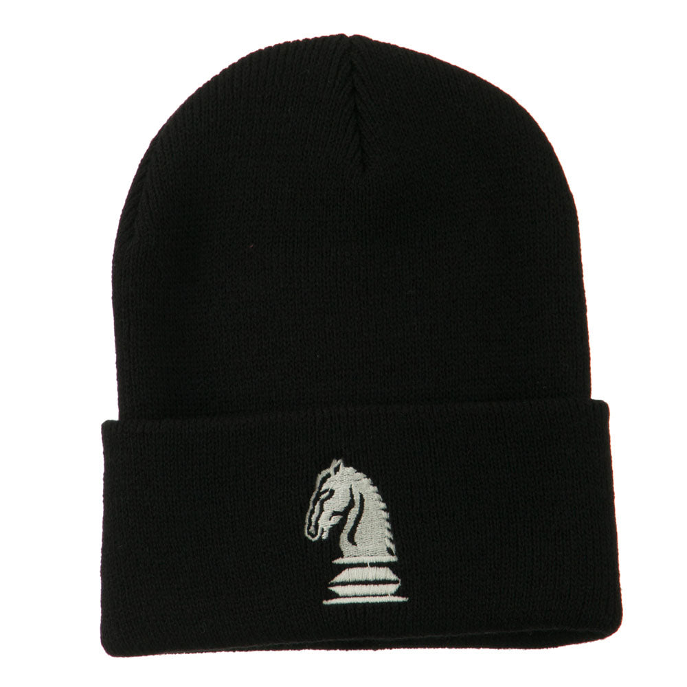 Chess Knight Embroidered Long Beanie - Black OSFM