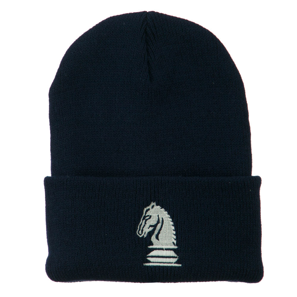 Chess Knight Embroidered Long Beanie - Navy OSFM