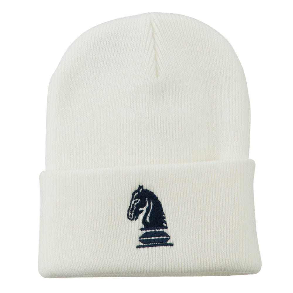 Chess Knight Embroidered Long Beanie - White OSFM