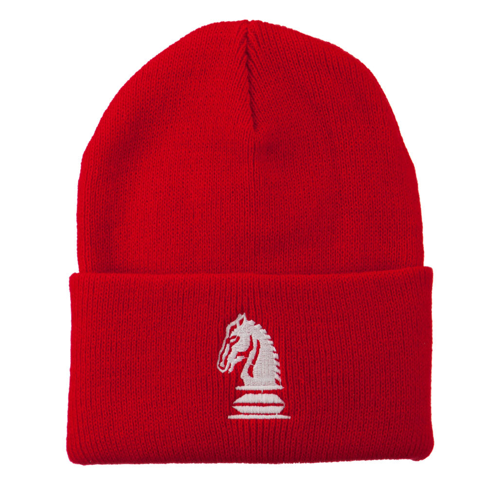 Chess Knight Embroidered Long Beanie - Red OSFM