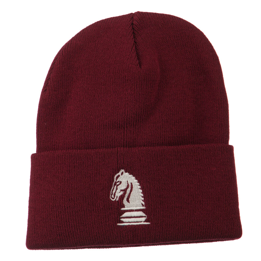 Chess Knight Embroidered Long Beanie - Burgundy OSFM