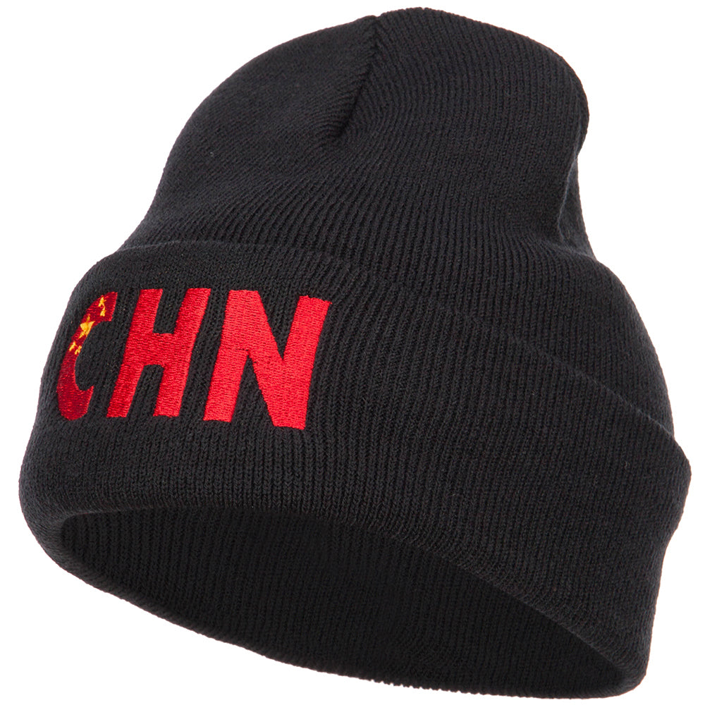 China CHN Flag Embroidered Long Beanie - Black OSFM