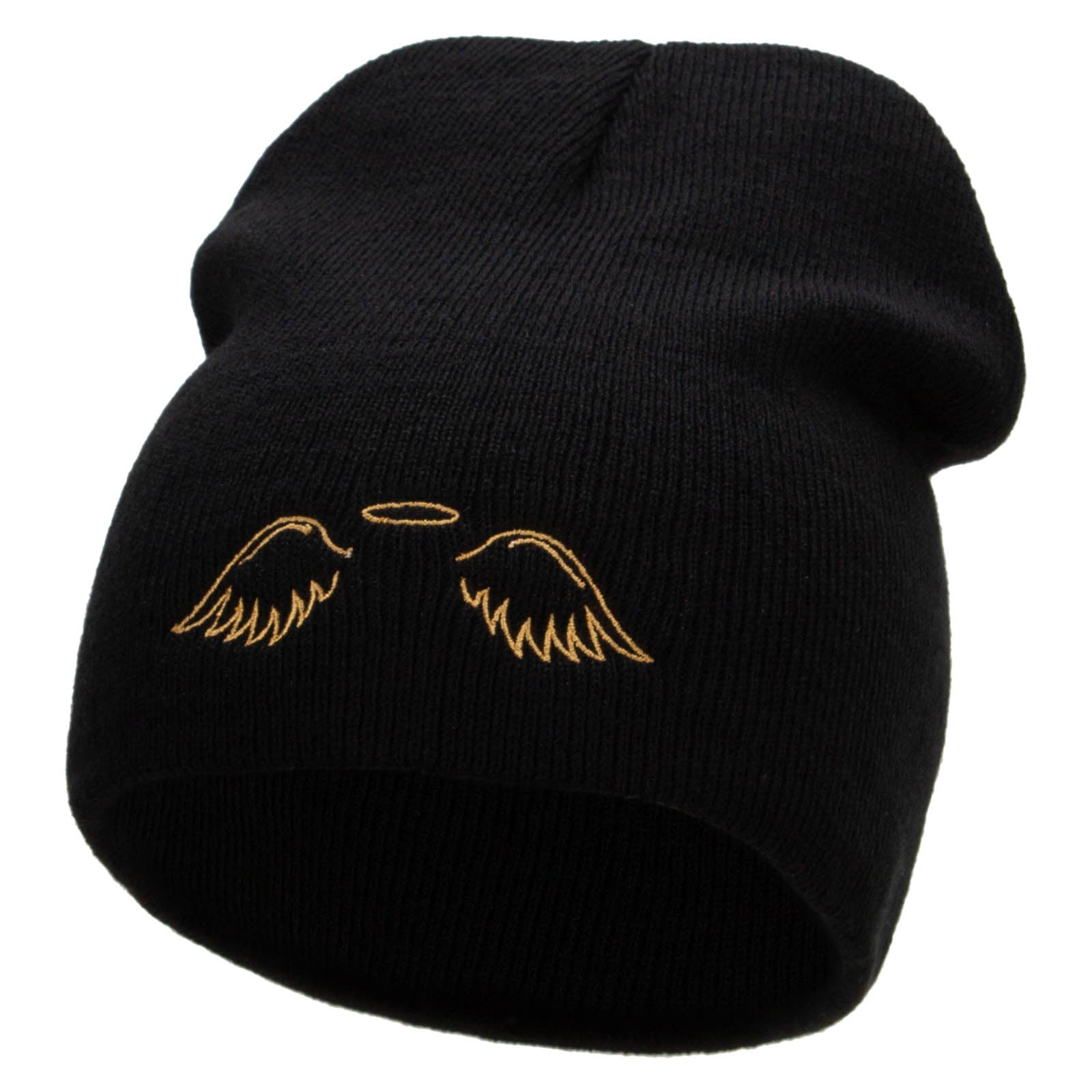 Angel Wings Embroidered 8 inch Acrylic Short Blank Beanie - Black OSFM