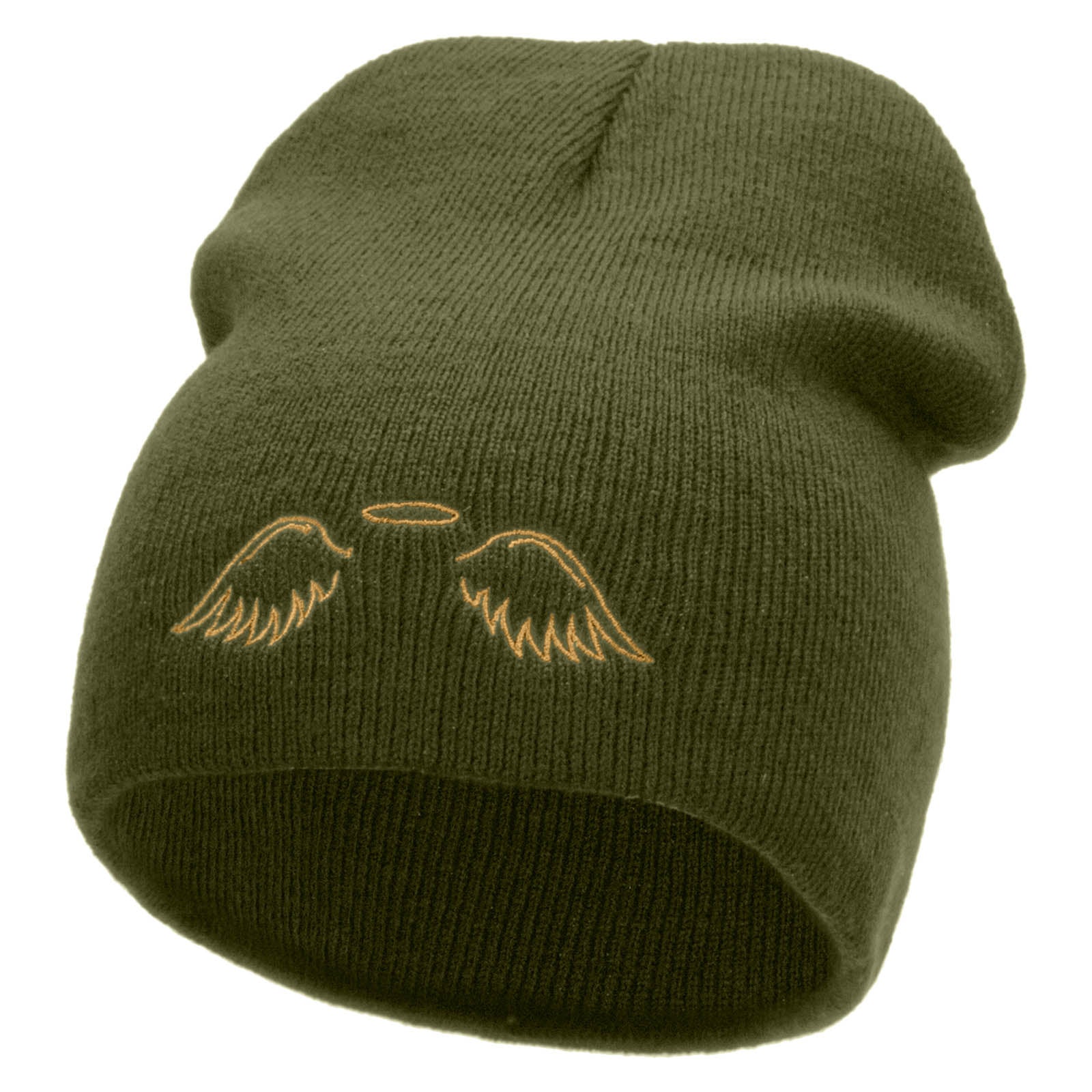Angel Wings Embroidered 8 inch Acrylic Short Blank Beanie - Olive OSFM
