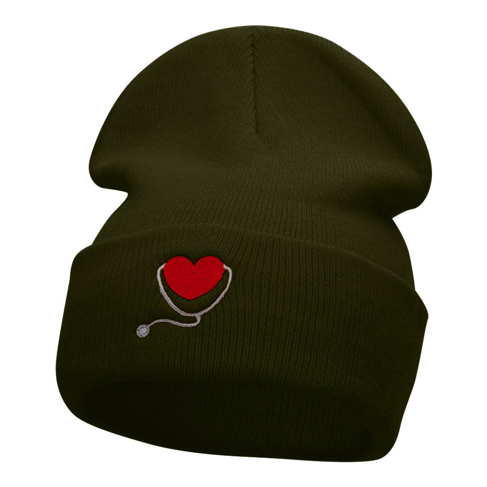 Curative Heart Logo Embroidered Long Knitted Beanie - Olive OSFM
