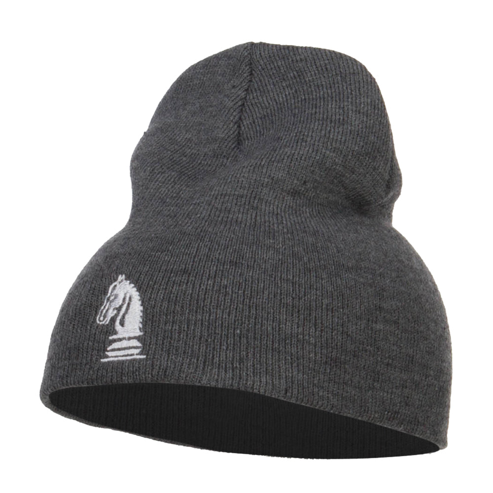 Chess Piece Kight Embroidered Short Beanie - Grey OSFM