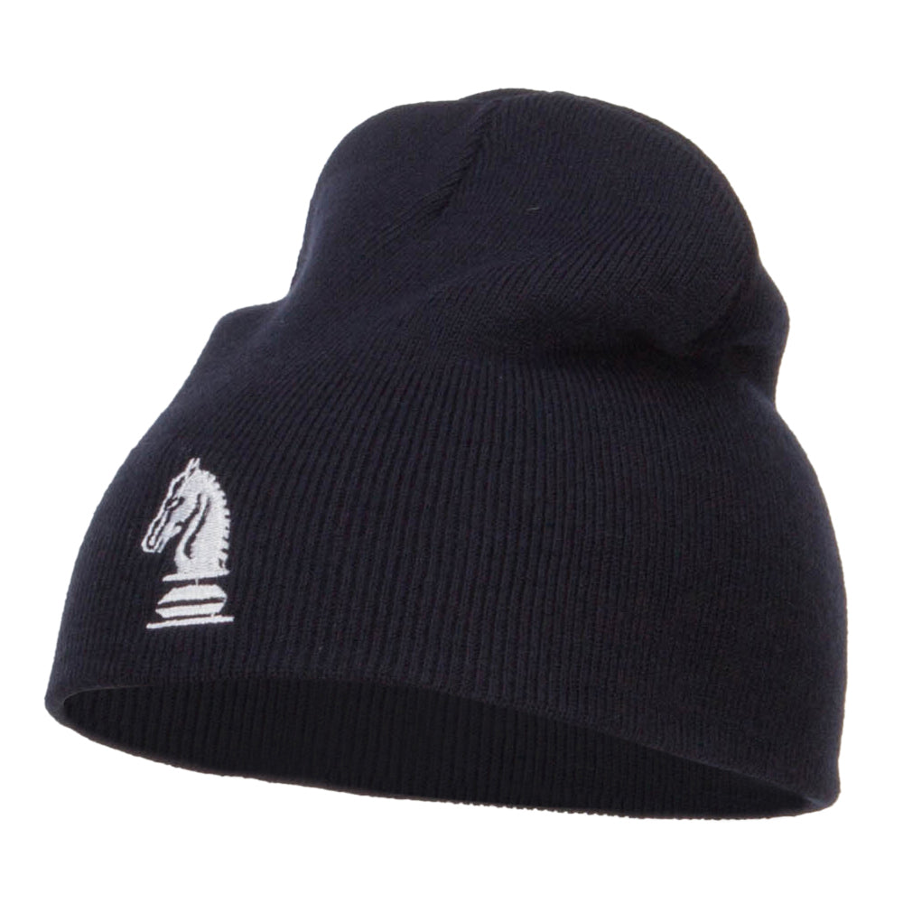 Chess Piece Kight Embroidered Short Beanie - Navy OSFM