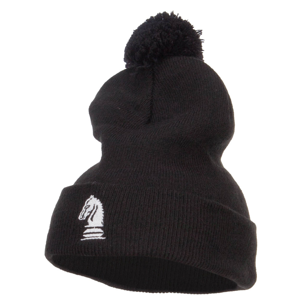 Chess Piece Knight Embroidered Pom Beanie - Black OSFM