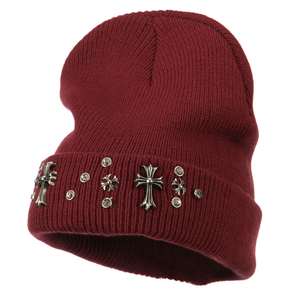 Stone and Cross Long Cuff Beanie - Burgundy OSFM