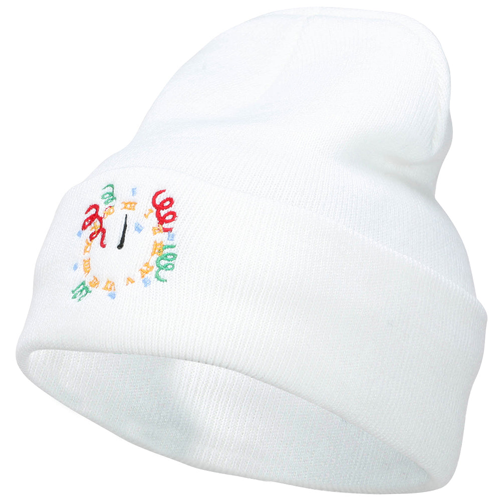 Clock with Decorations Embroidered Long Beanie - White OSFM